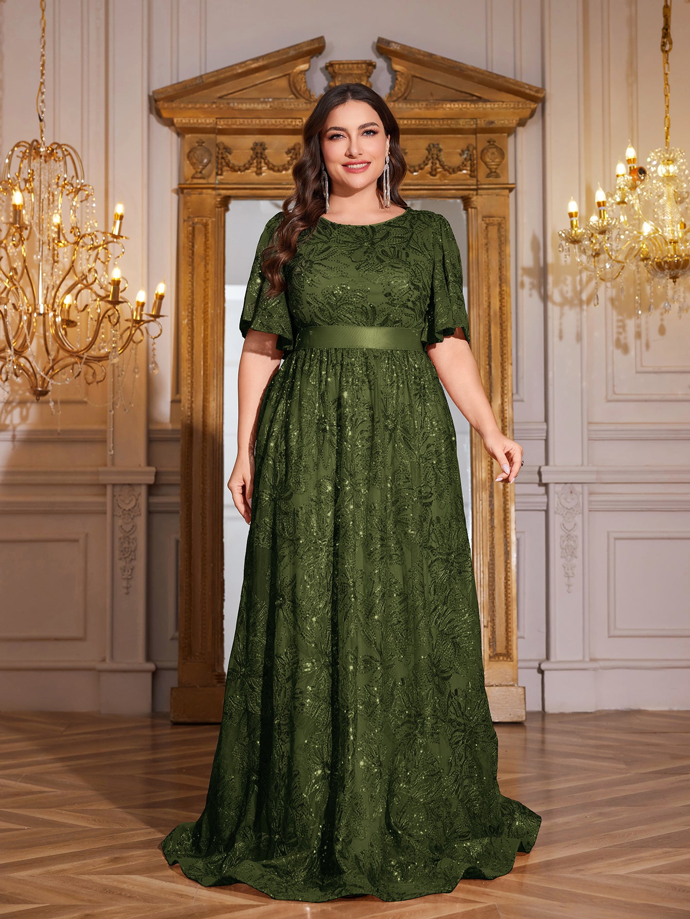 Rose Gold Sequin Flutter Sleeve Empire Waist A‑Line Plus Size Evening Gown