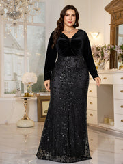 Black Velvet Top Sequin Skirt V‑Neck Plus‑Size Mermaid Formal Dress