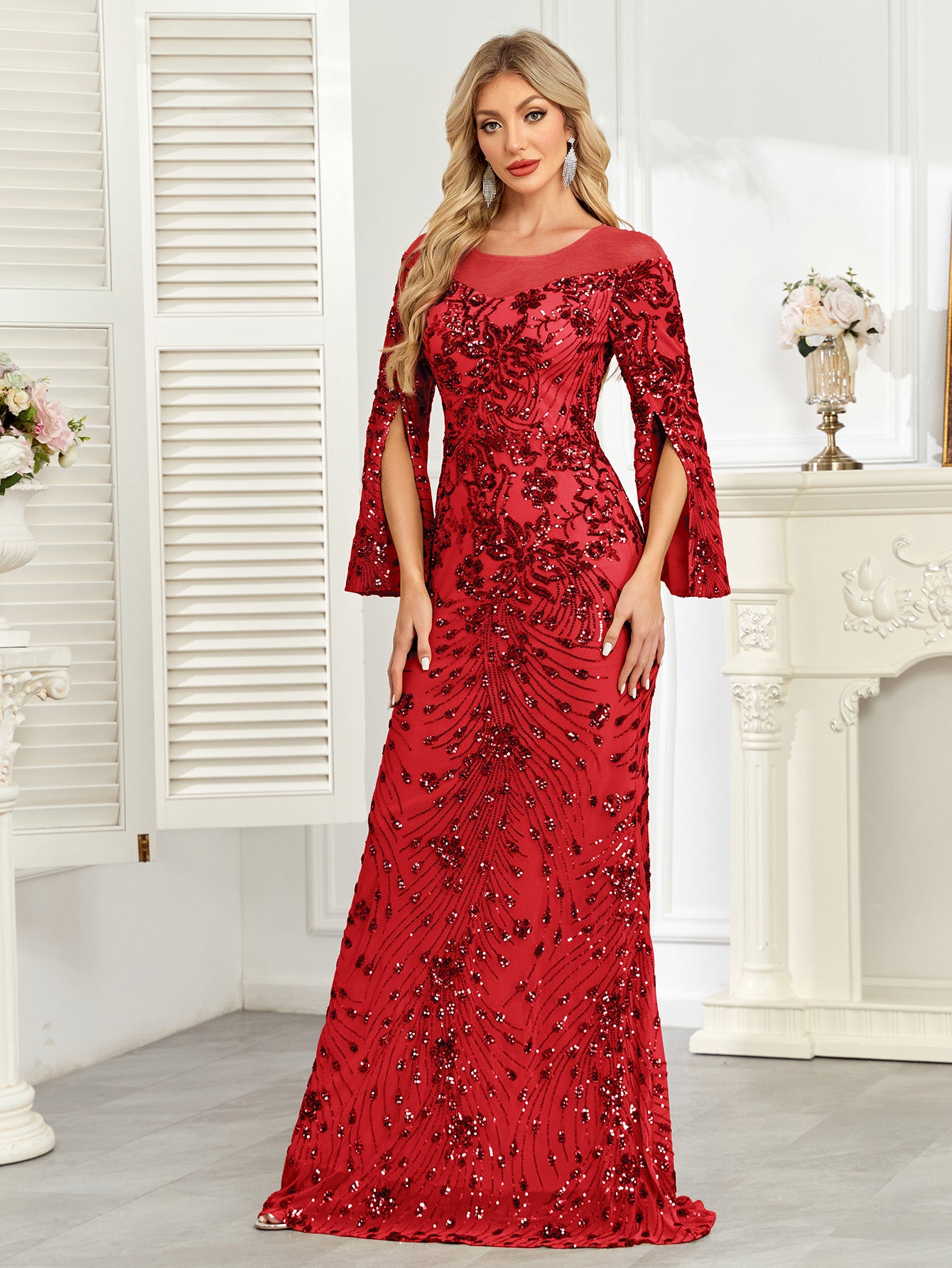Royal Blue Sequin Split Flare‑Sleeve Mermaid Evening Gown