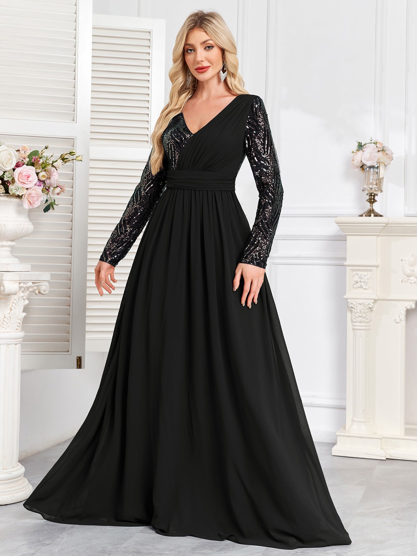 Navy Blue Multicolor Sequin Long Sleeve A‑Line Evening Gown