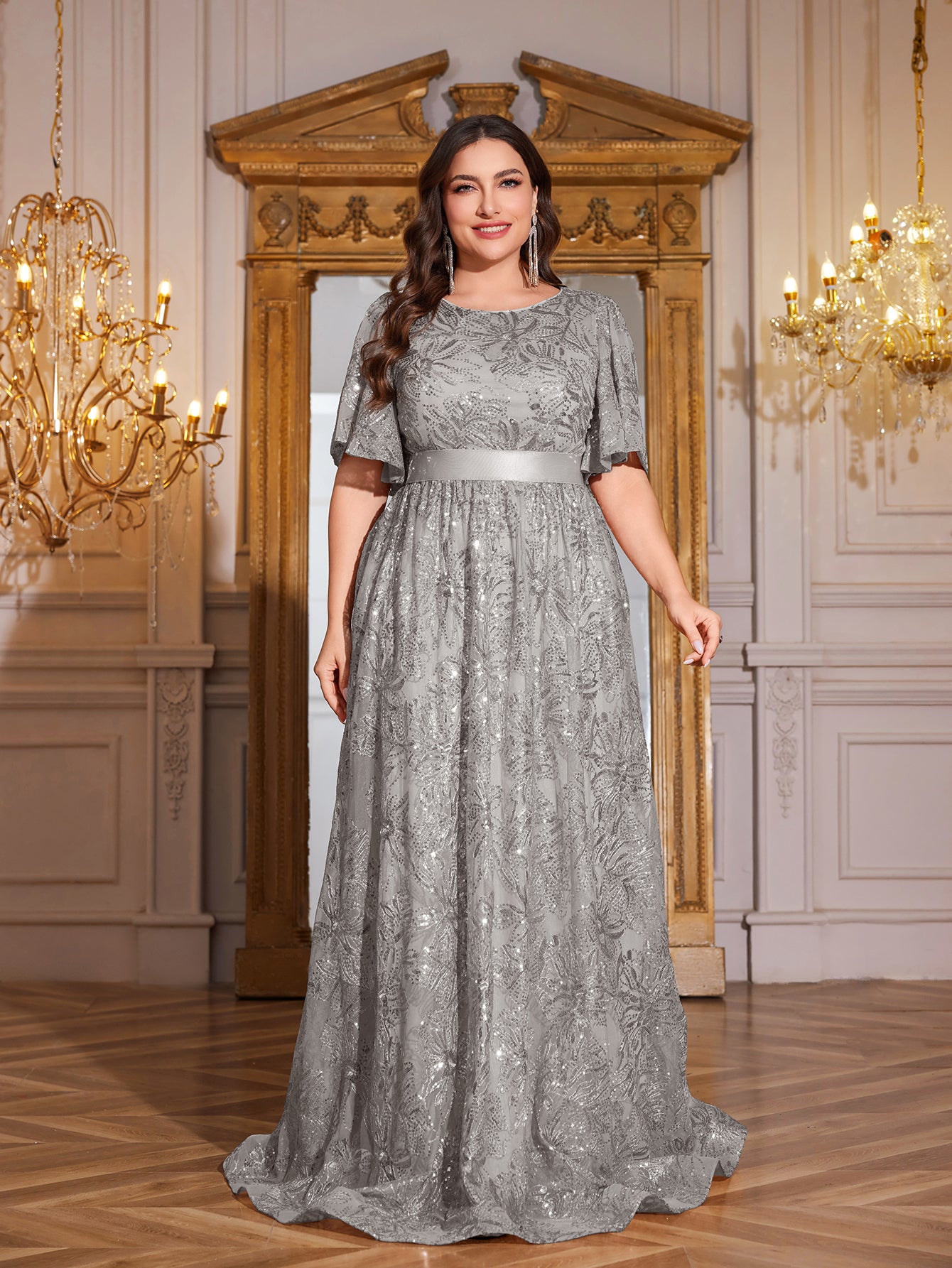 Rose Gold Sequin Flutter Sleeve Empire Waist A‑Line Plus Size Evening Gown