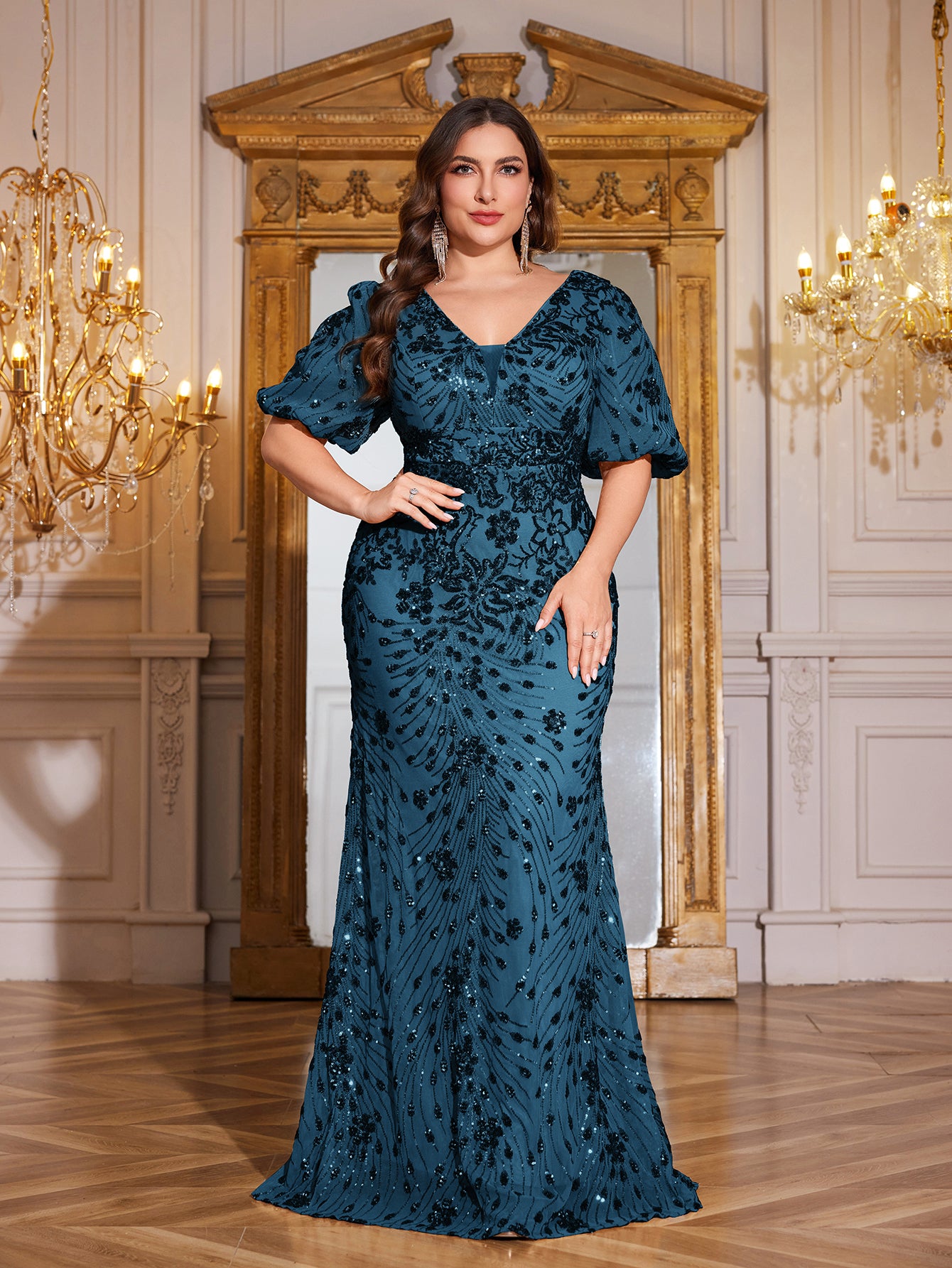 Navy Blue Sequin Puff Short Sleeve Mermaid Plus Size Evening Gown