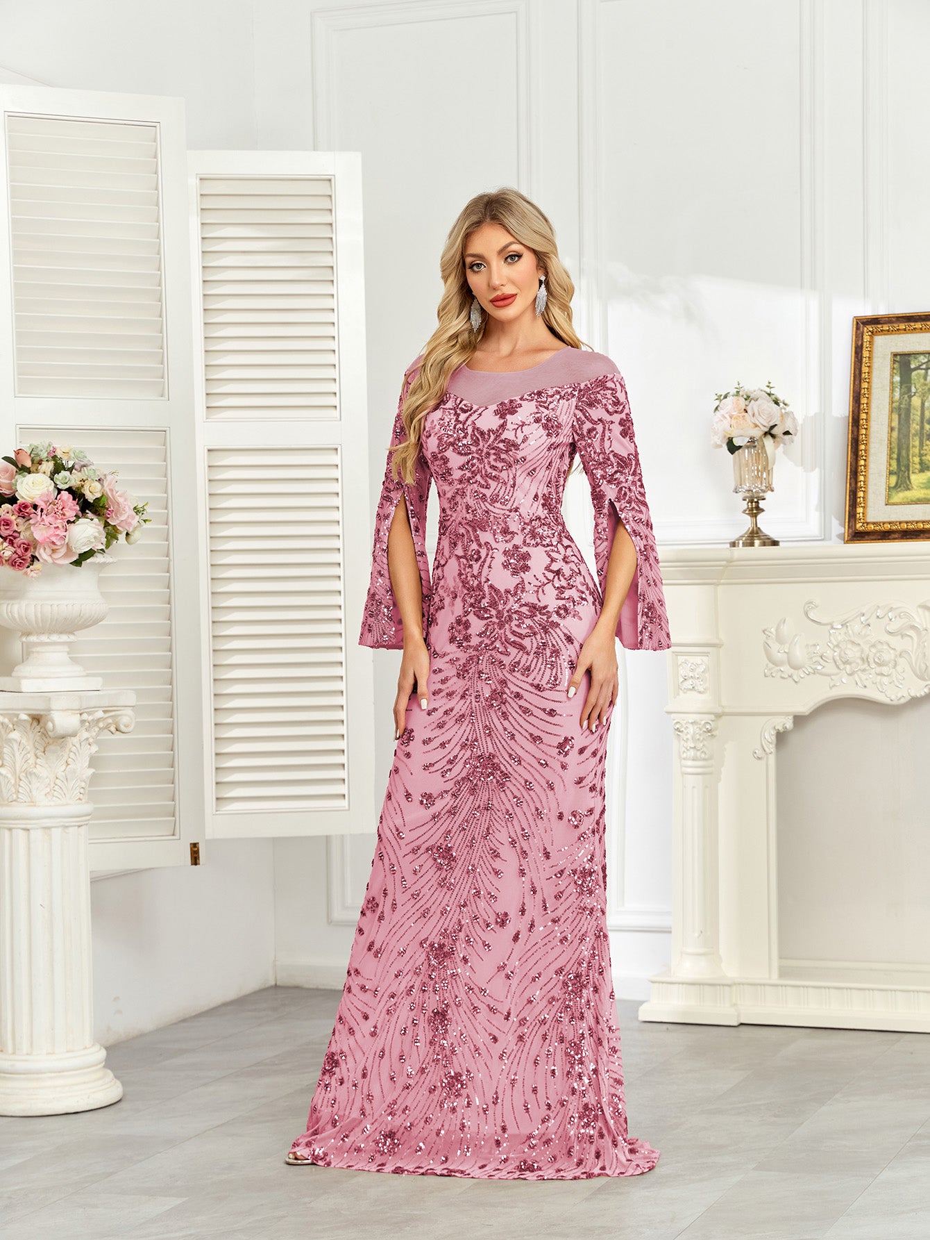 Royal Blue Sequin Split Flare‑Sleeve Mermaid Evening Gown