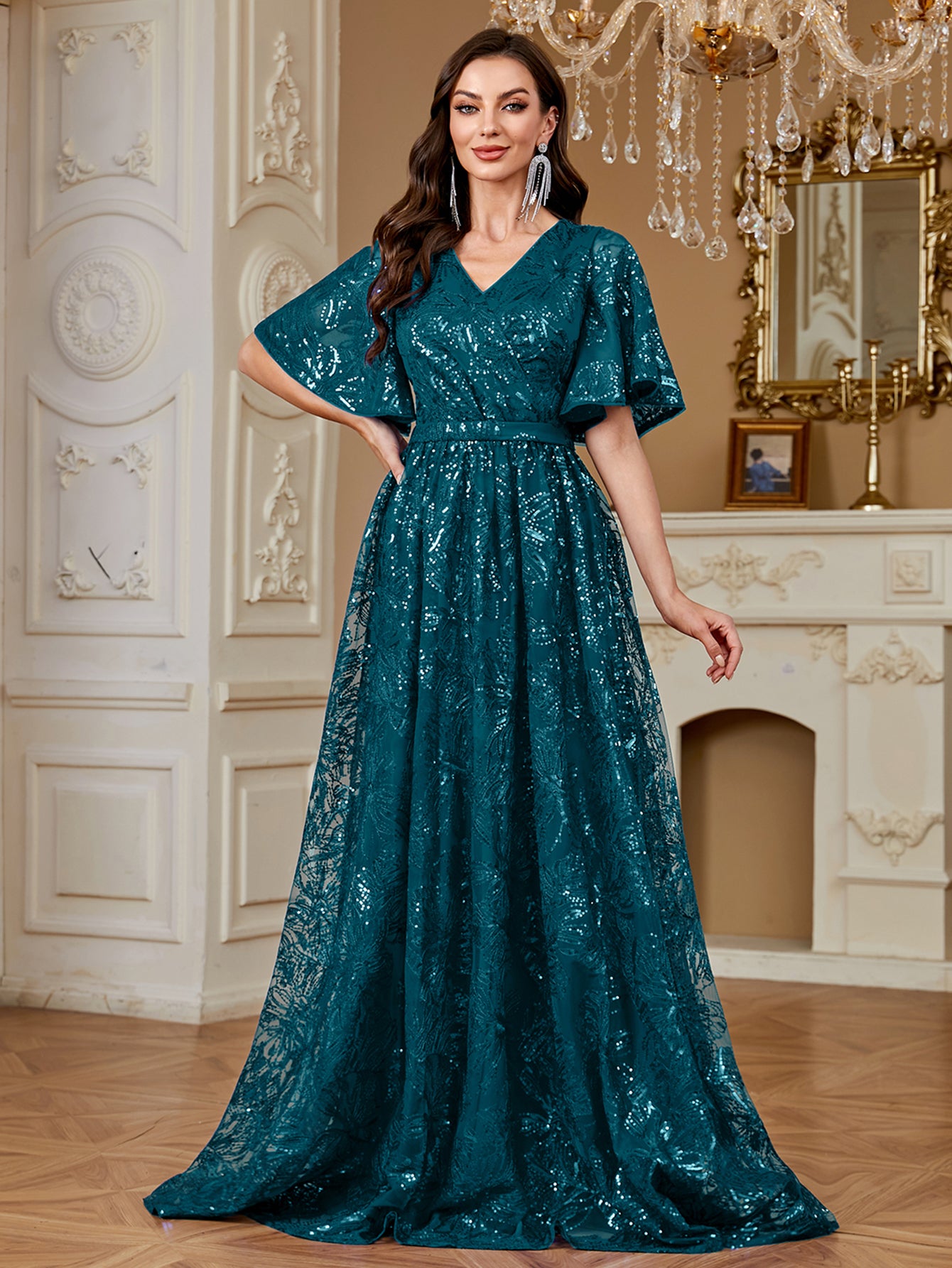 Elegant Formal Party Embroidered Sequin Long Dress