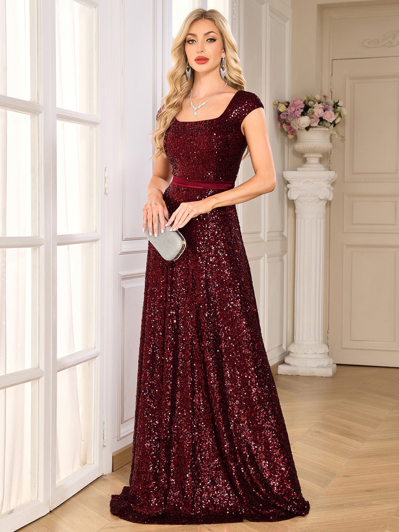 Burgundy Sequin Square Neck Cap Sleeve A Line Evening Gown