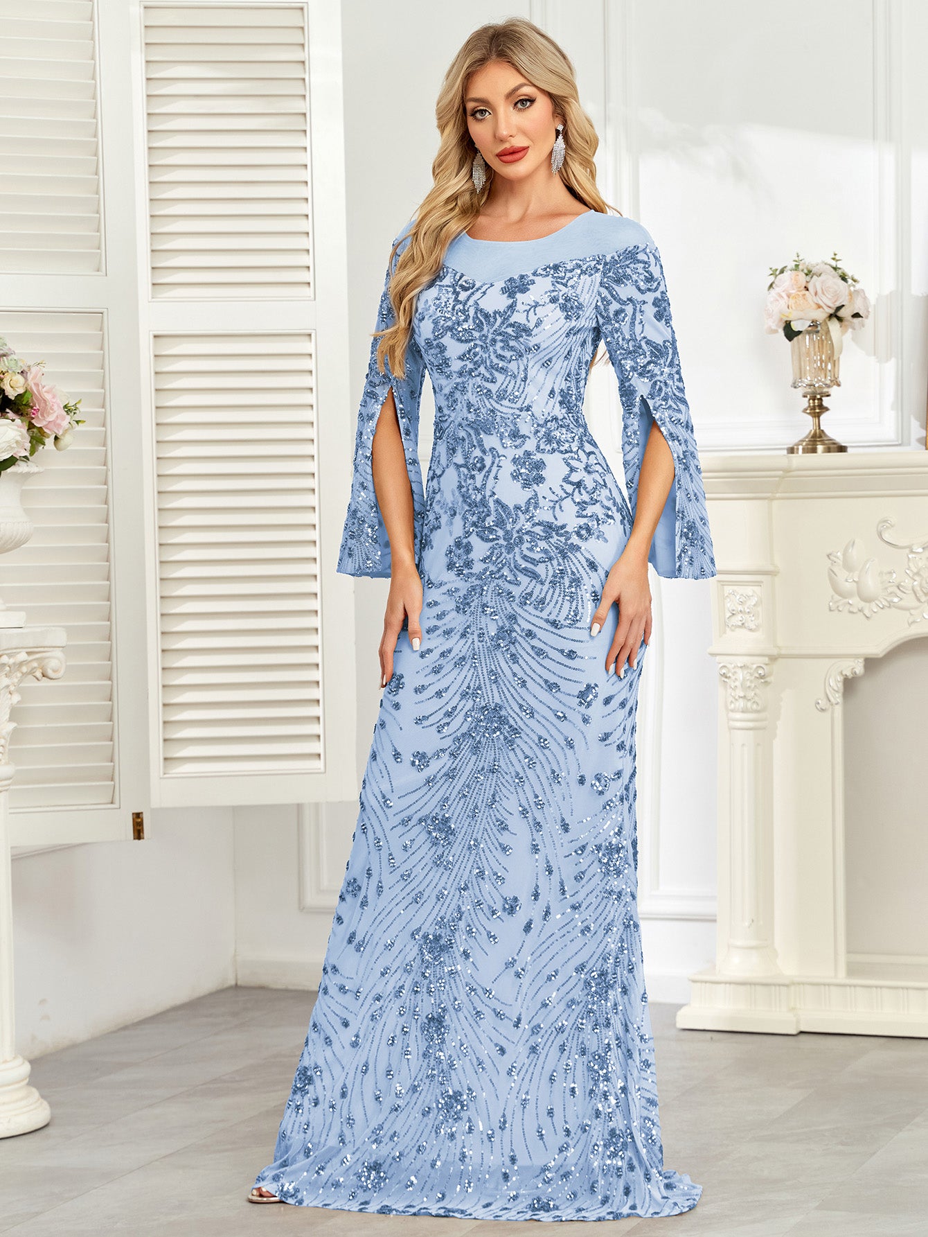 Royal Blue Sequin Split Flare‑Sleeve Mermaid Evening Gown