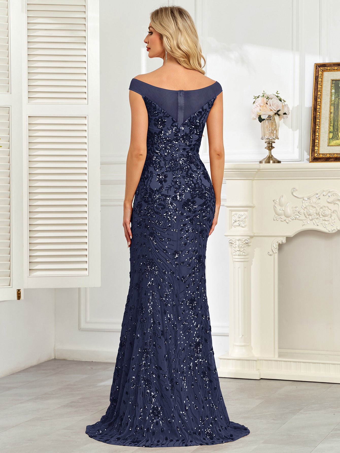 Royal Blue Sequin Off‑Shoulder Mermaid Evening Gown