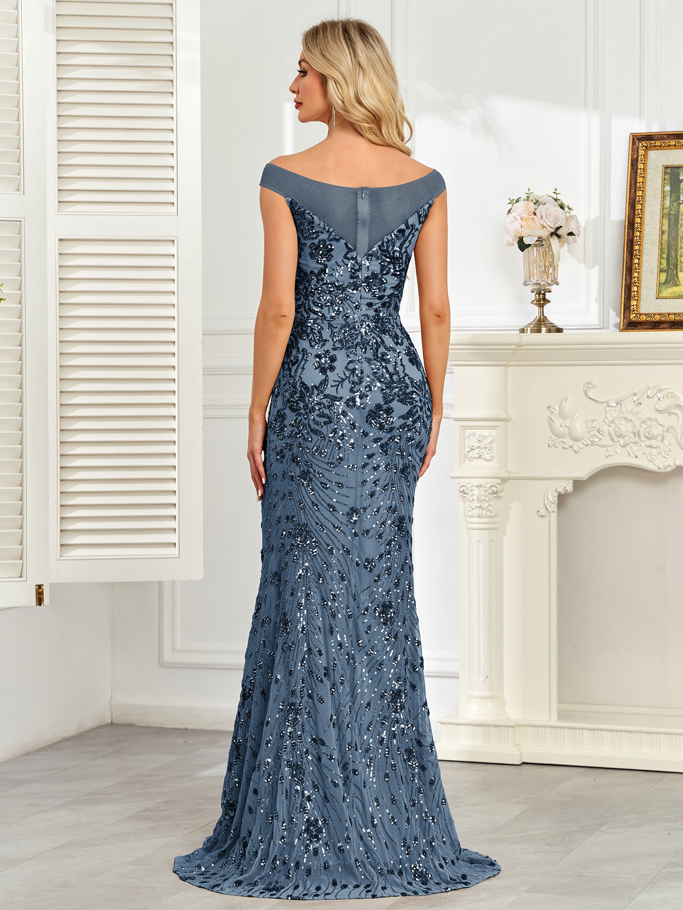 Royal Blue Sequin Off‑Shoulder Mermaid Evening Gown