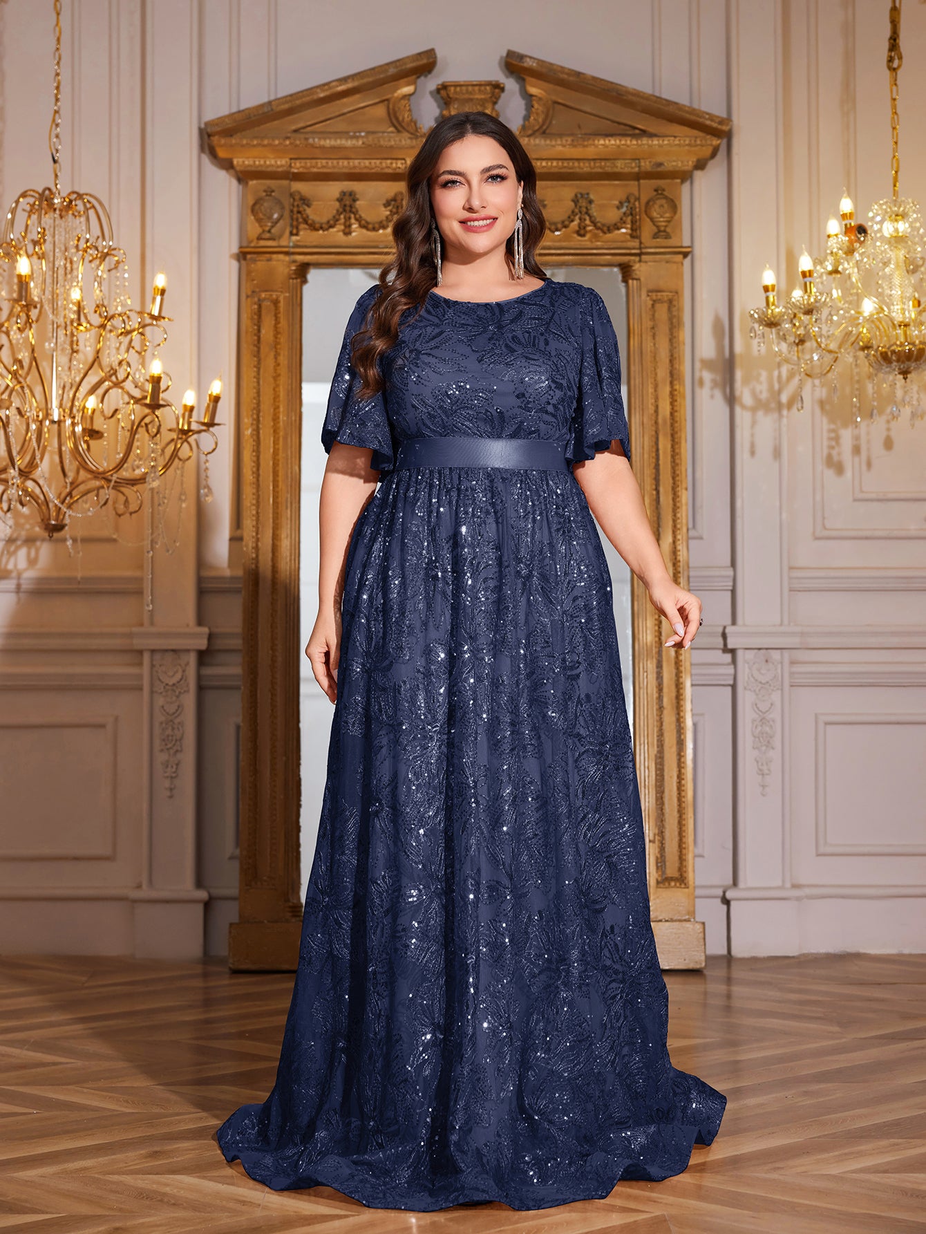 Rose Gold Sequin Flutter Sleeve Empire Waist A‑Line Plus Size Evening Gown