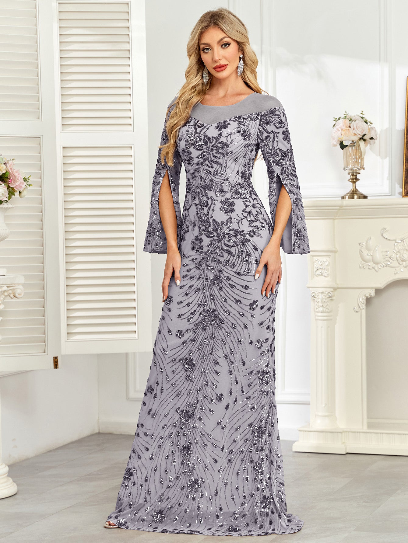 Royal Blue Sequin Split Flare‑Sleeve Mermaid Evening Gown