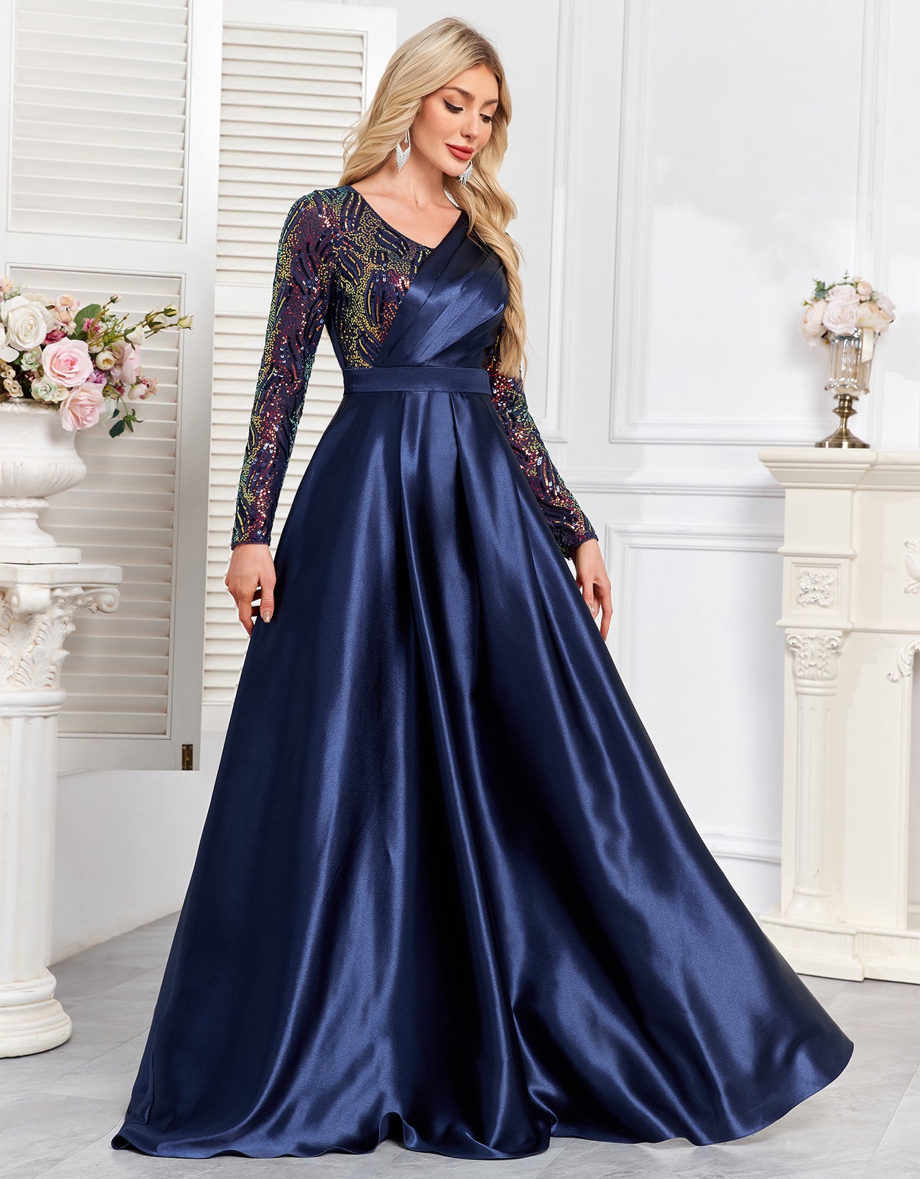 Navy Blue Embroidered Long Sleeve A-Line Satin Plus Size Evening Gown