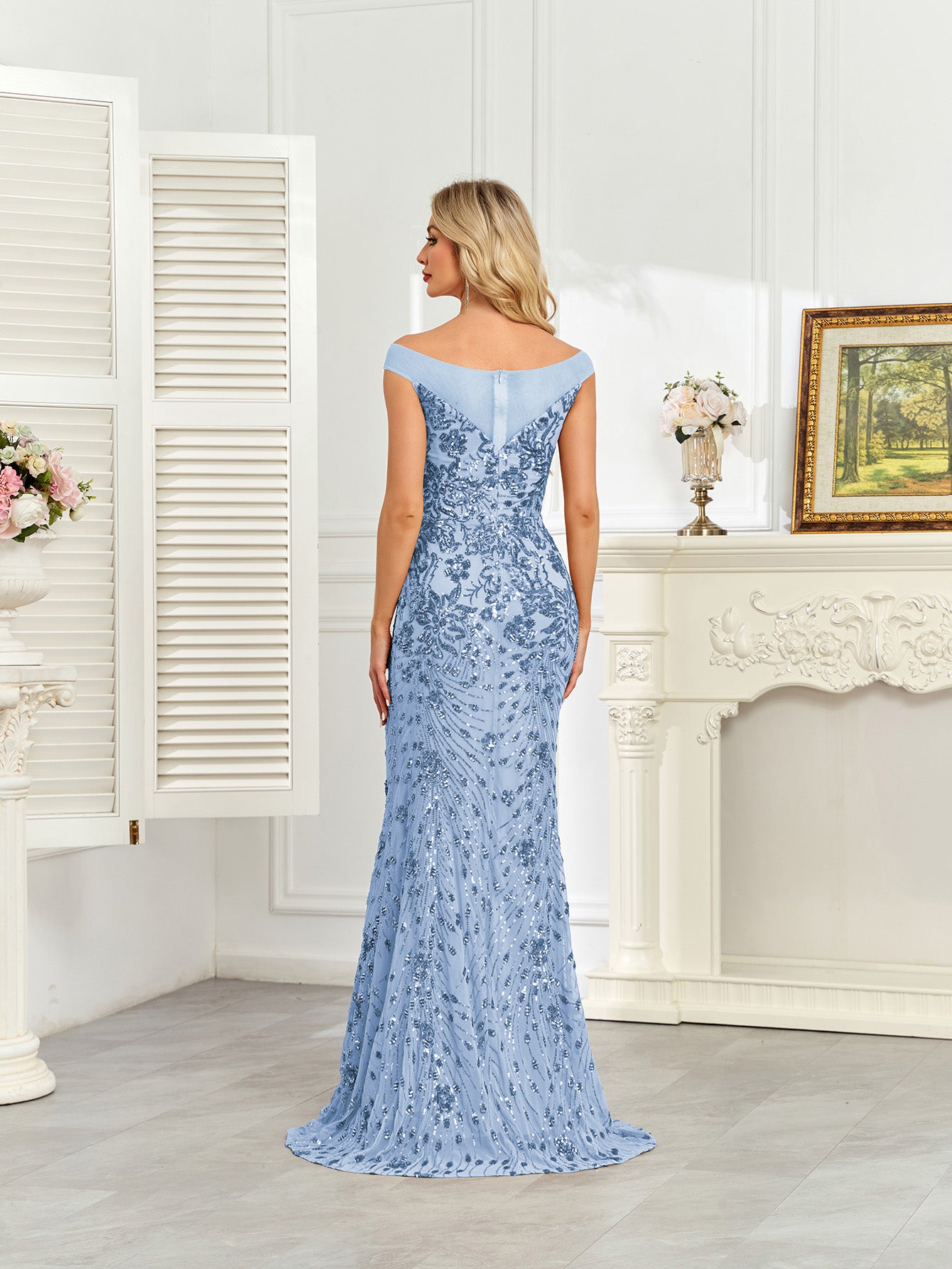 Royal Blue Sequin Off‑Shoulder Mermaid Evening Gown