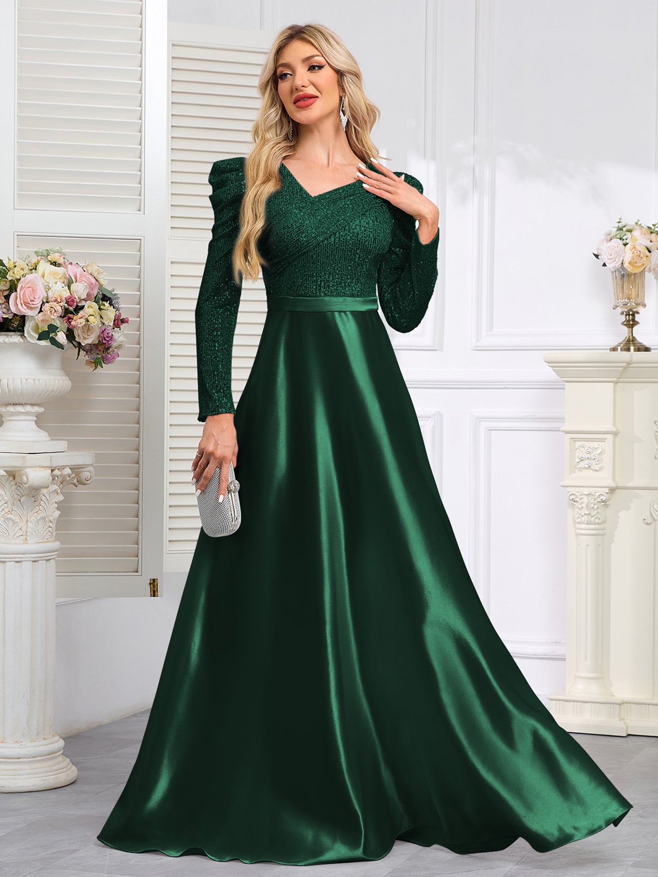Dark Blue Satin Sequin Maxi Dress