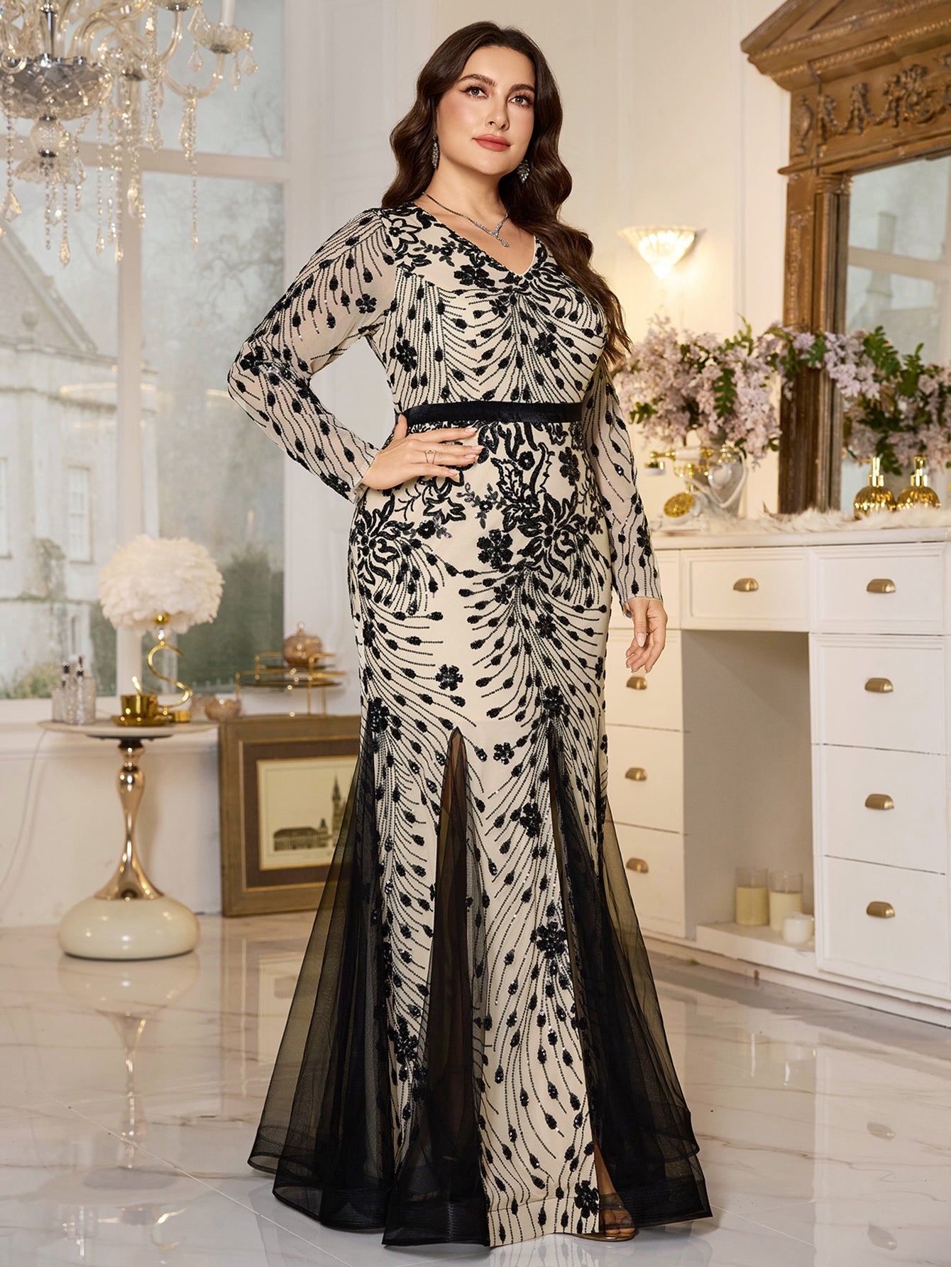 Beige‑Base Black Floral Sequin V‑Neck Long‑Sleeve Split Plus‑Size Mermaid Evening Gown