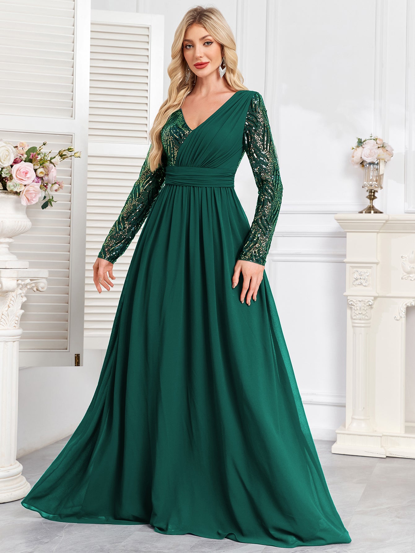 Navy Blue Multicolor Sequin Long Sleeve A‑Line Evening Gown