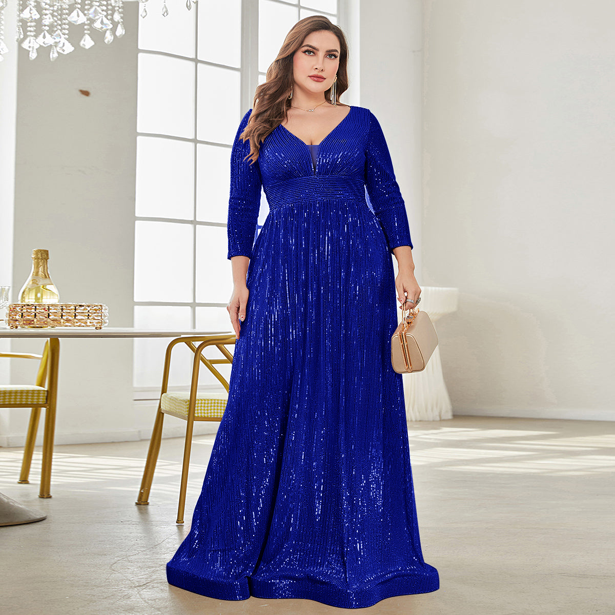 Plus Size Luxury V-Neck Long Sleeves Sequins Evening Dress | XUIBOL