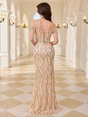Off Shoulder Twist Sleeve Champagne Sequin Sheer Corset Mermaid Gown High Split Formal Dress