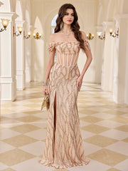 Off Shoulder Twist Sleeve Champagne Sequin Sheer Corset Mermaid Gown High Split Formal Dress