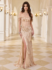 Off Shoulder Twist Sleeve Champagne Sequin Sheer Corset Mermaid Gown High Split Formal Dress