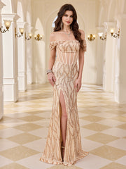 Off Shoulder Twist Sleeve Champagne Sequin Sheer Corset Mermaid Gown High Split Formal Dress