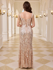 Tassel Strap Rose Gold Sequin Corset Mermaid Evening Gown