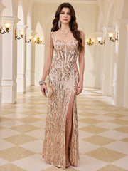 Tassel Strap Rose Gold Sequin Corset Mermaid Evening Gown