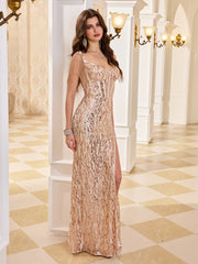 Tassel Strap Rose Gold Sequin Corset Mermaid Evening Gown