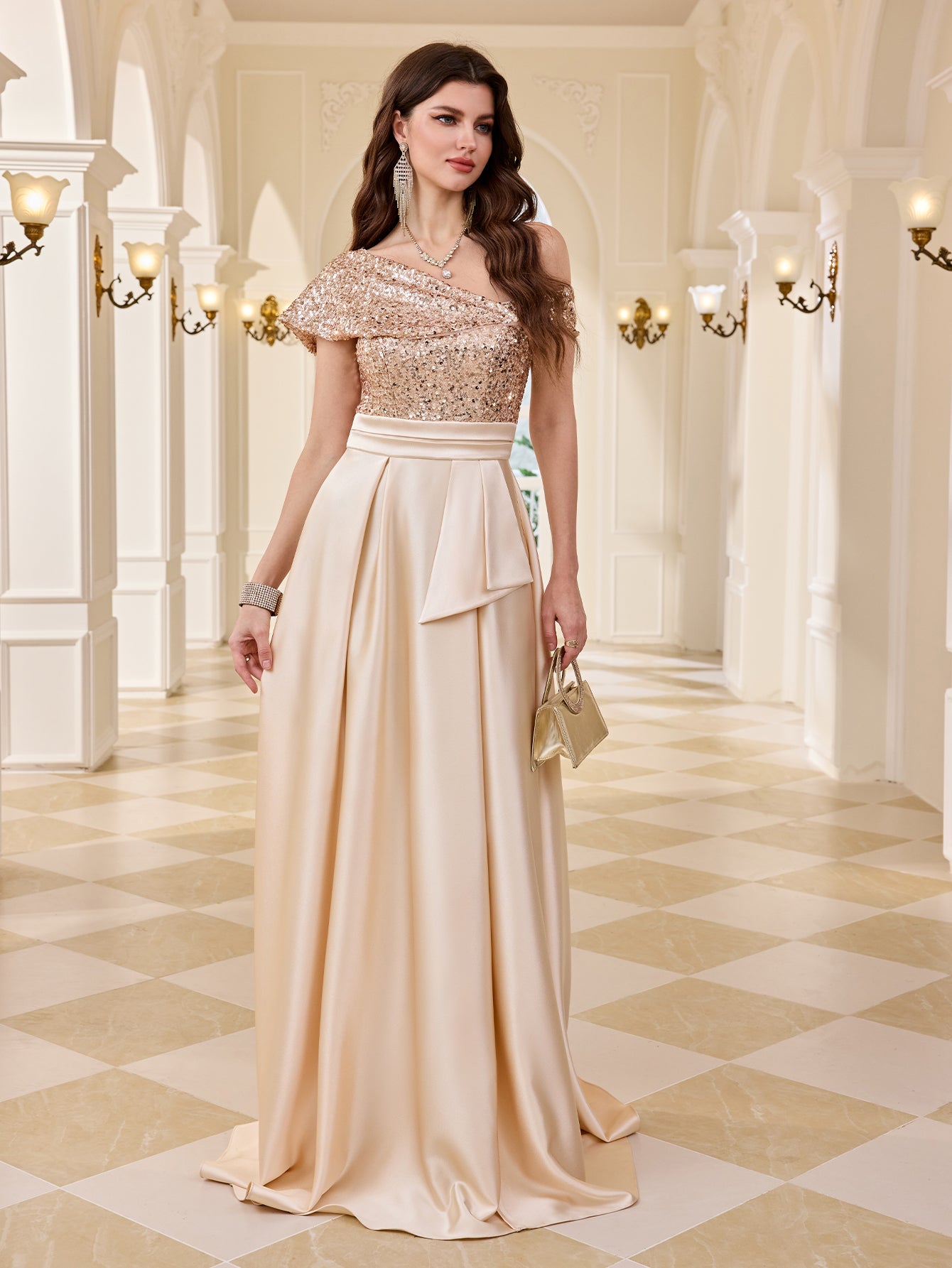Champagne Sequin Off Shoulder High Slit Satin Evening Gown