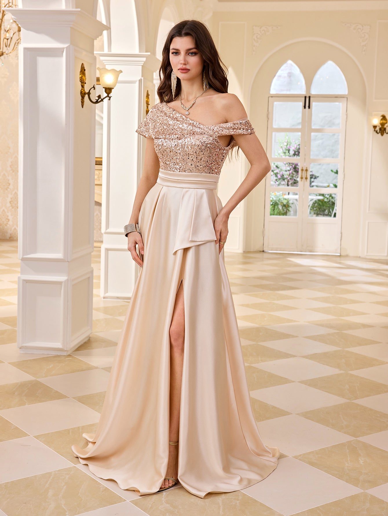 Champagne Sequin Off Shoulder High Slit Satin Evening Gown