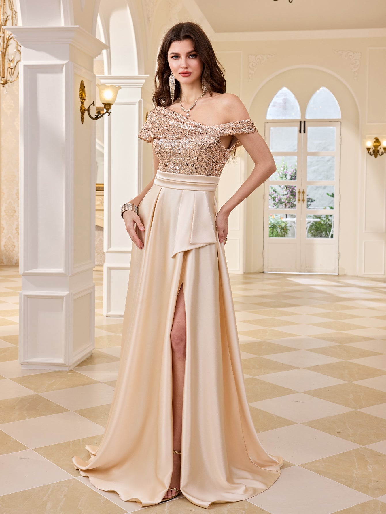 Champagne Sequin Off Shoulder High Slit Satin Evening Gown