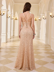Thin Strap Champagne Sequin Corset Mermaid Dress High Slit Sweetheart Formal Gown