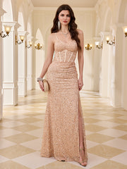 Thin Strap Champagne Sequin Corset Mermaid Dress High Slit Sweetheart Formal Gown