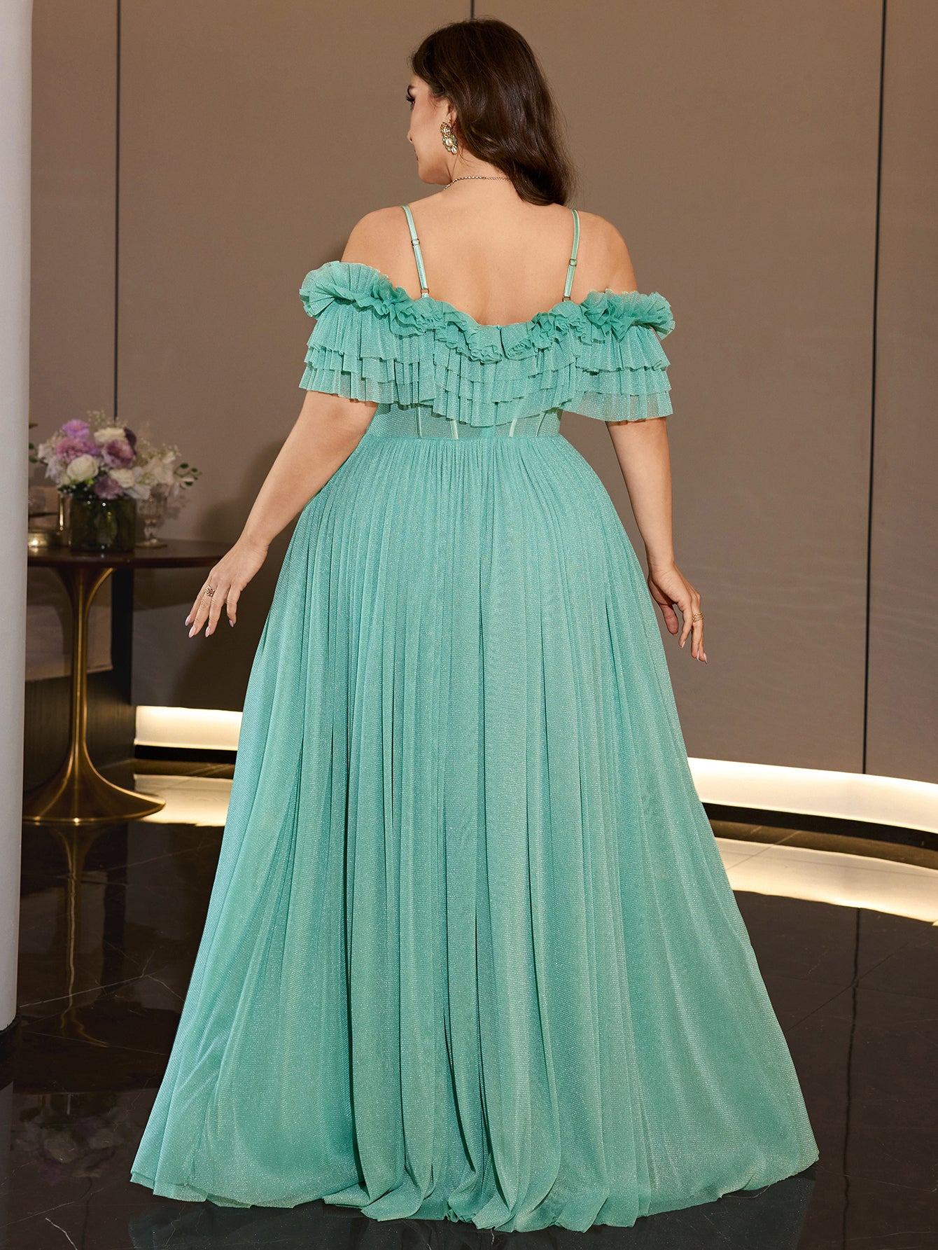 Sheer Glitter Mesh Floor Length Curvy Women Formal Wedding Guest Maxi Dress