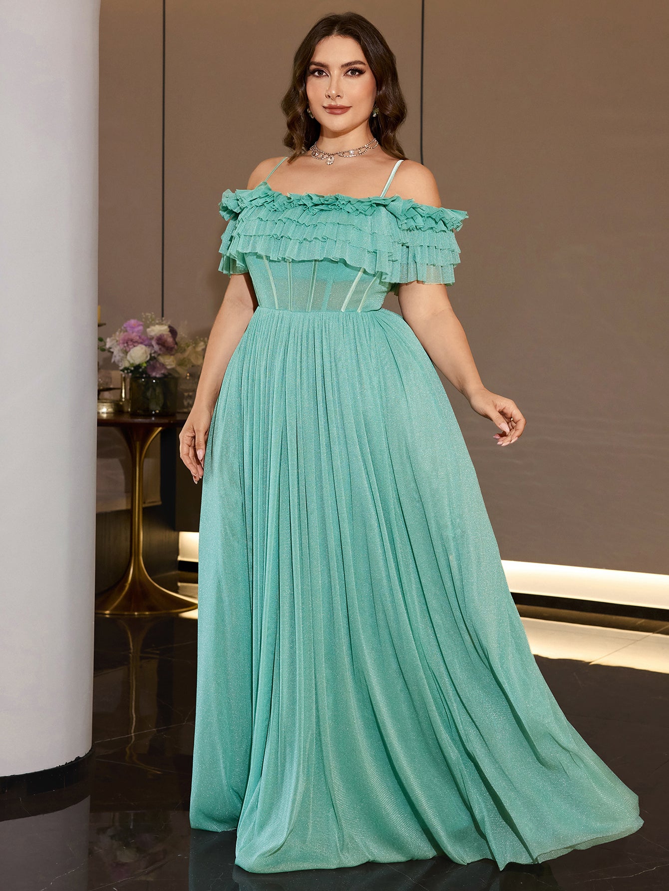Sheer Glitter Mesh Floor Length Curvy Women Formal Wedding Guest Maxi Dress