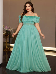 Sheer Glitter Mesh Floor Length Curvy Women Formal Wedding Guest Maxi Dress
