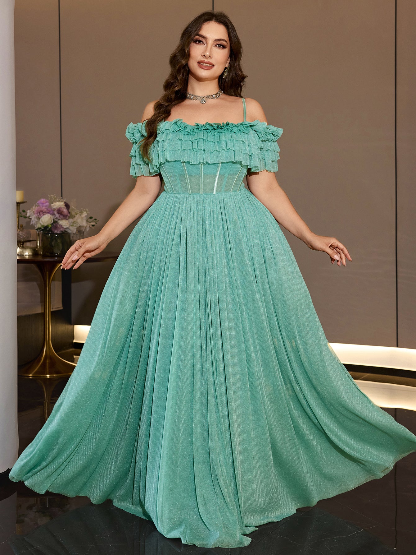 Sheer Glitter Mesh Floor Length Curvy Women Formal Wedding Guest Maxi Dress