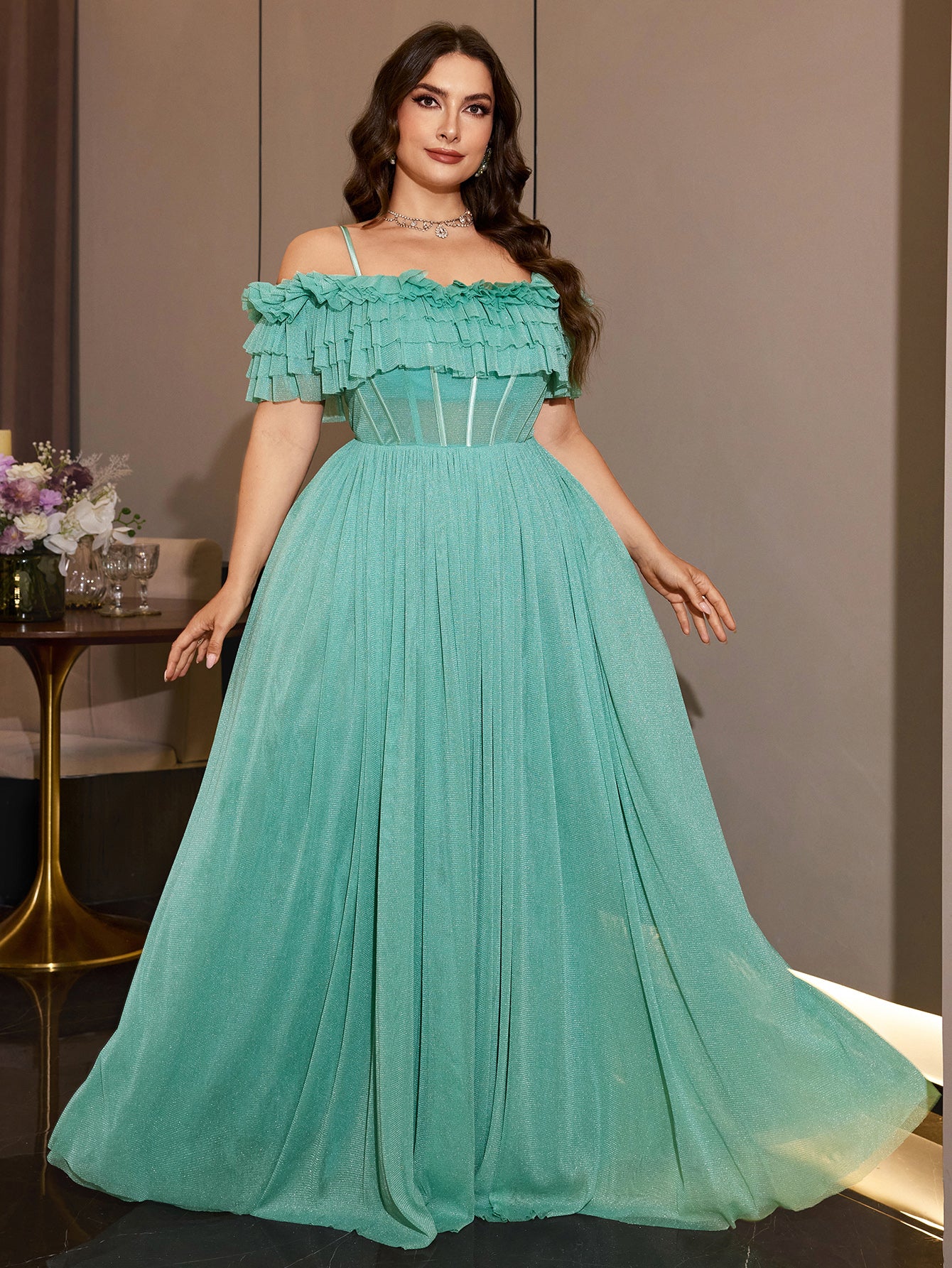 Sheer Glitter Mesh Floor Length Curvy Women Formal Wedding Guest Maxi Dress