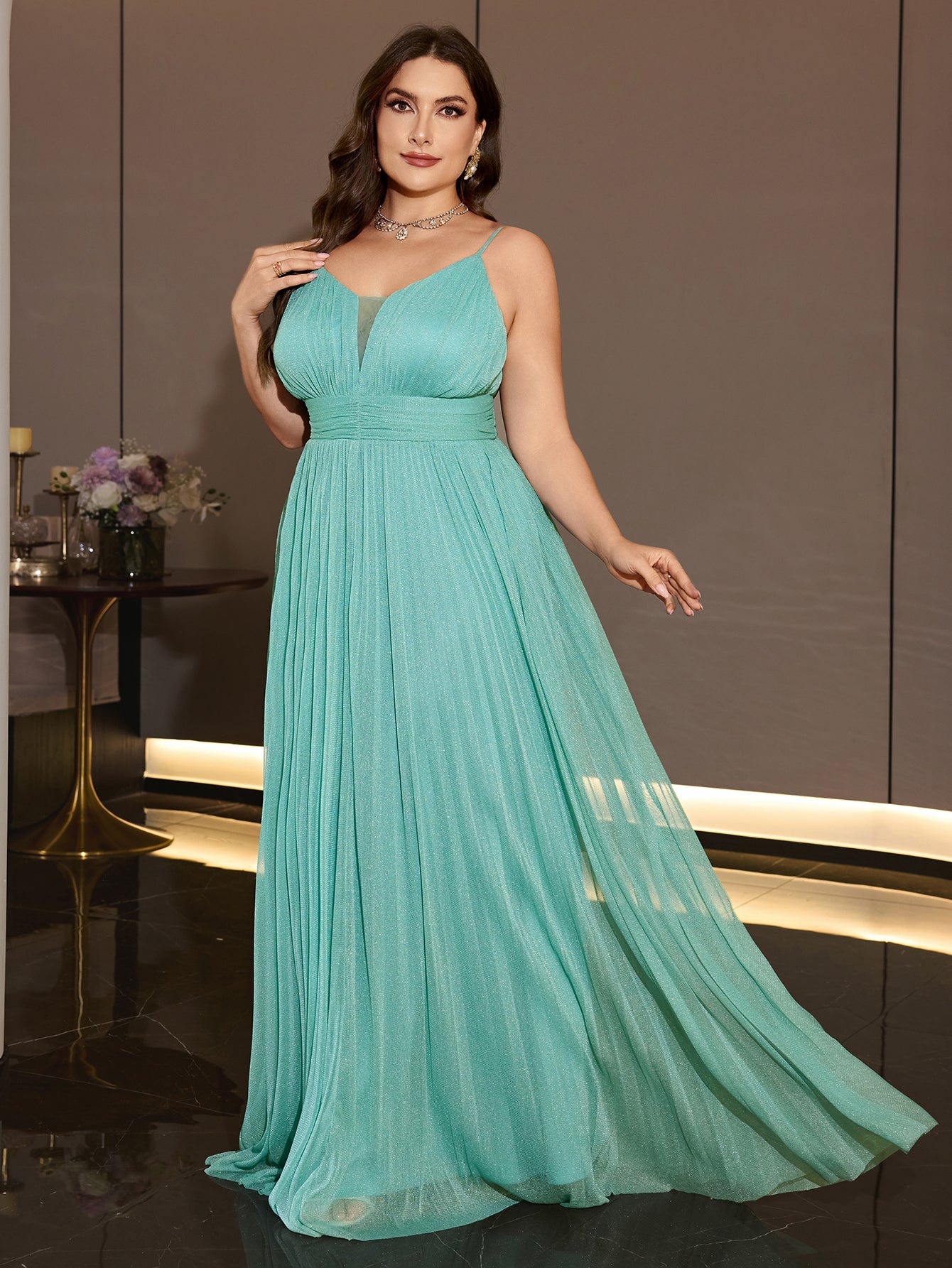 Plus Size Mint Green Sparkly Tulle Evening Dress