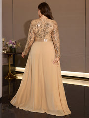 Curvy Women Formal Gala Dress Long Sleeve Flowy Chiffon Skirt