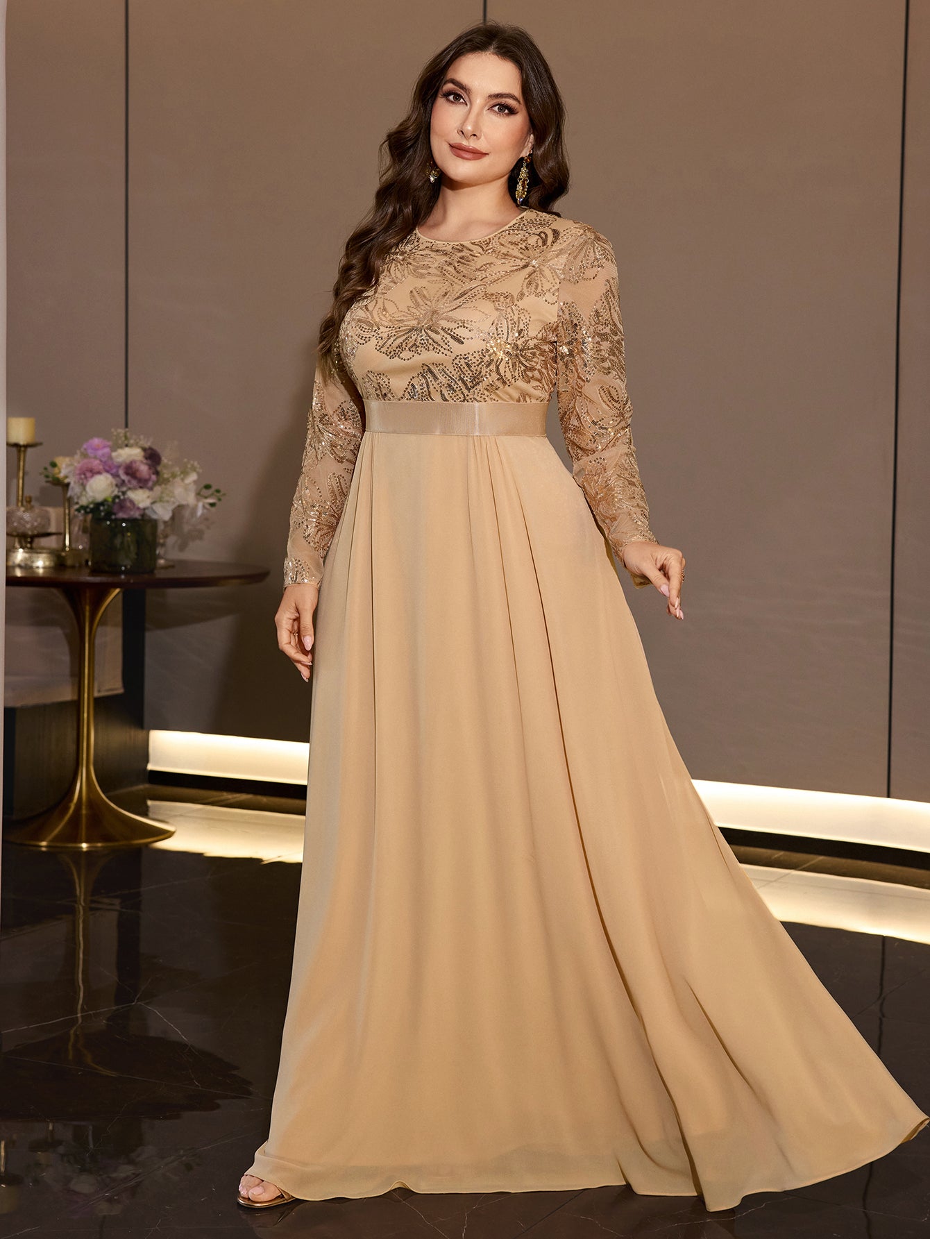 Curvy Women Formal Gala Dress Long Sleeve Flowy Chiffon Skirt