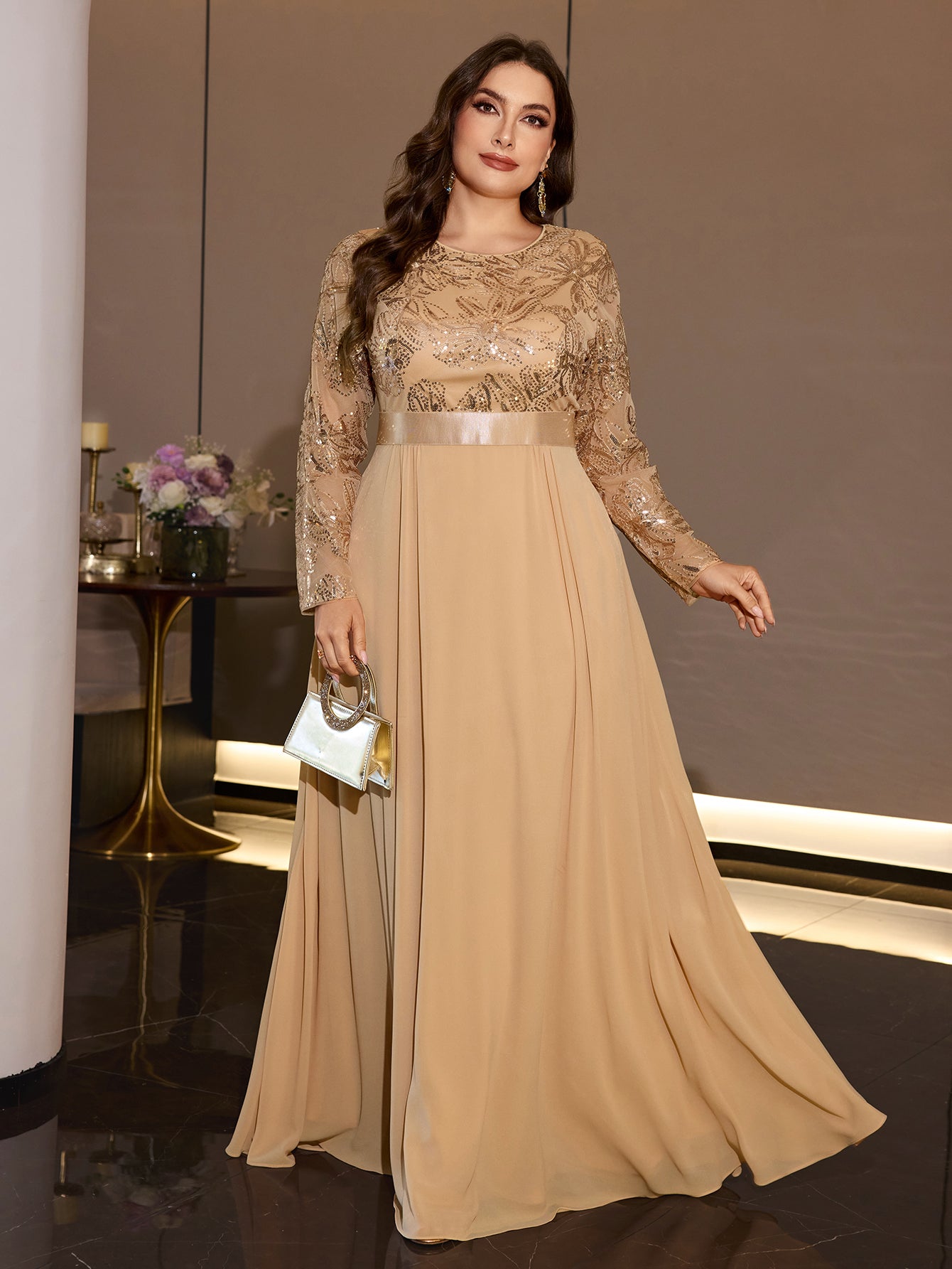 Curvy Women Formal Gala Dress Long Sleeve Flowy Chiffon Skirt