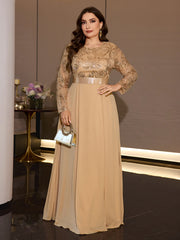 Curvy Women Formal Gala Dress Long Sleeve Flowy Chiffon Skirt