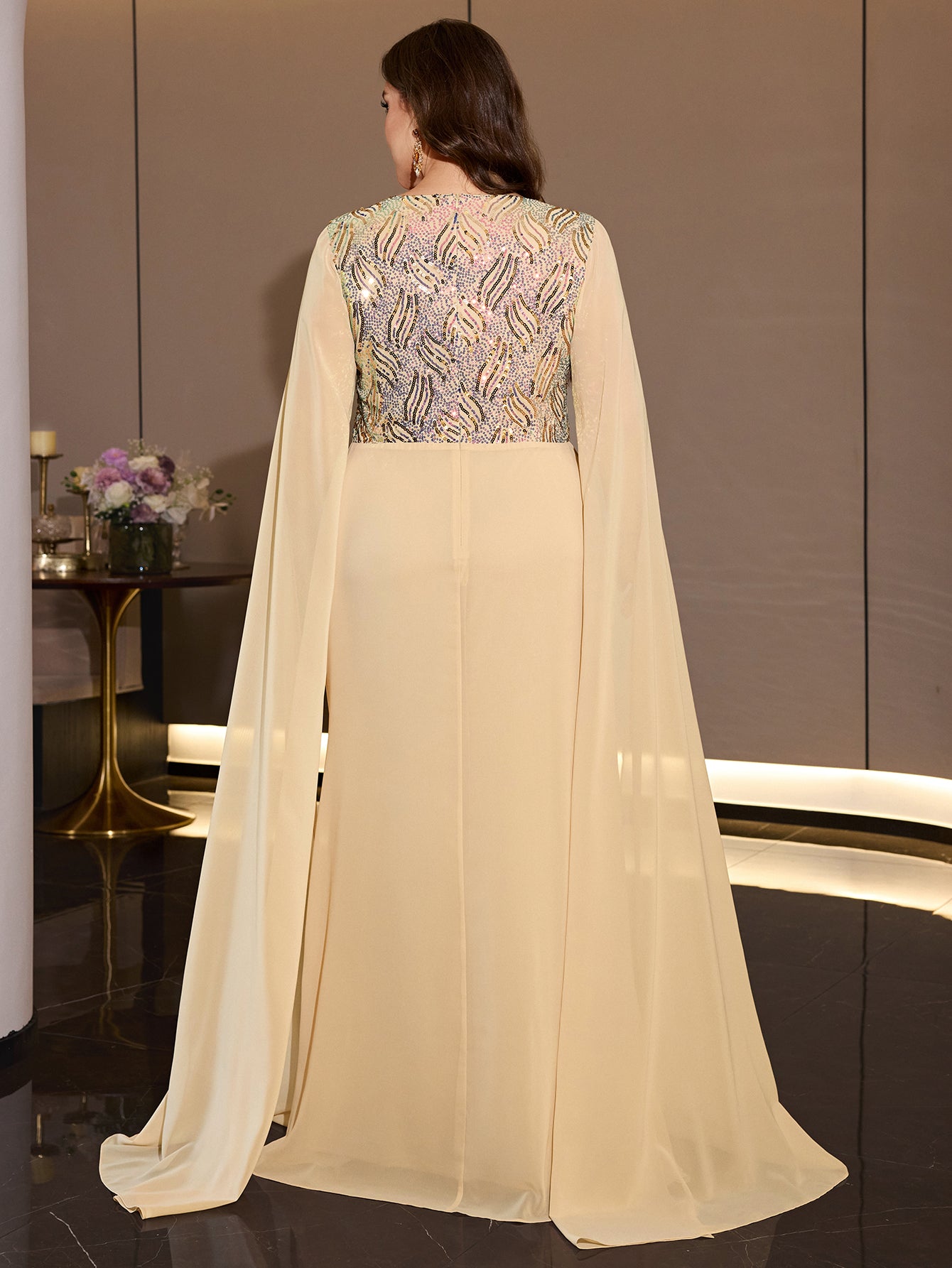 Plus Size Champagne Chiffon Cape Sleeve Evening Dress Cutout Neck Wave Sequin Bodice Draped Waist Floor Length Formal Gown