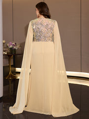 Plus Size Champagne Chiffon Cape Sleeve Evening Dress Cutout Neck Wave Sequin Bodice Draped Waist Floor Length Formal Gown
