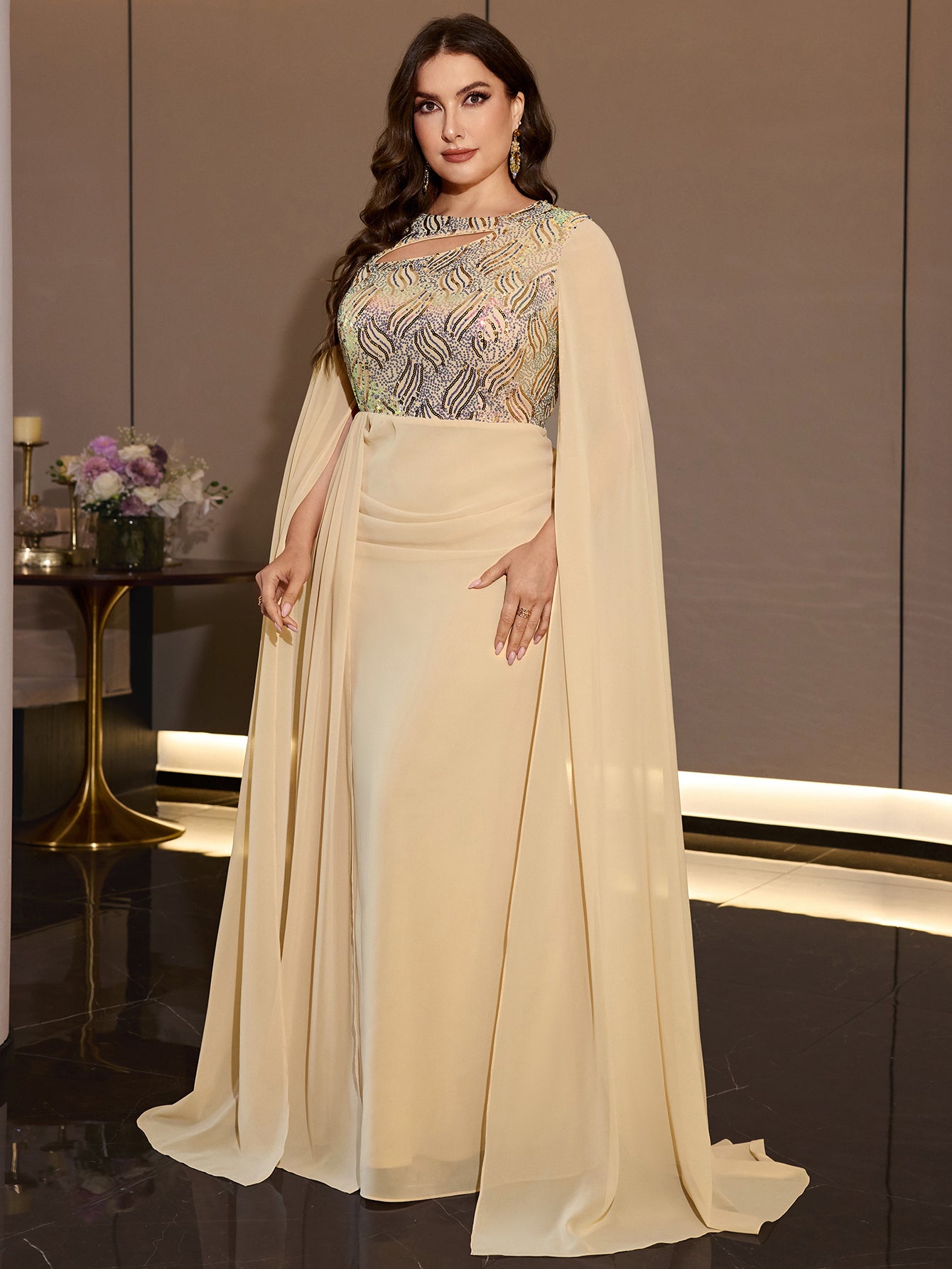 Plus Size Champagne Chiffon Cape Sleeve Evening Dress Cutout Neck Wave Sequin Bodice Draped Waist Floor Length Formal Gown