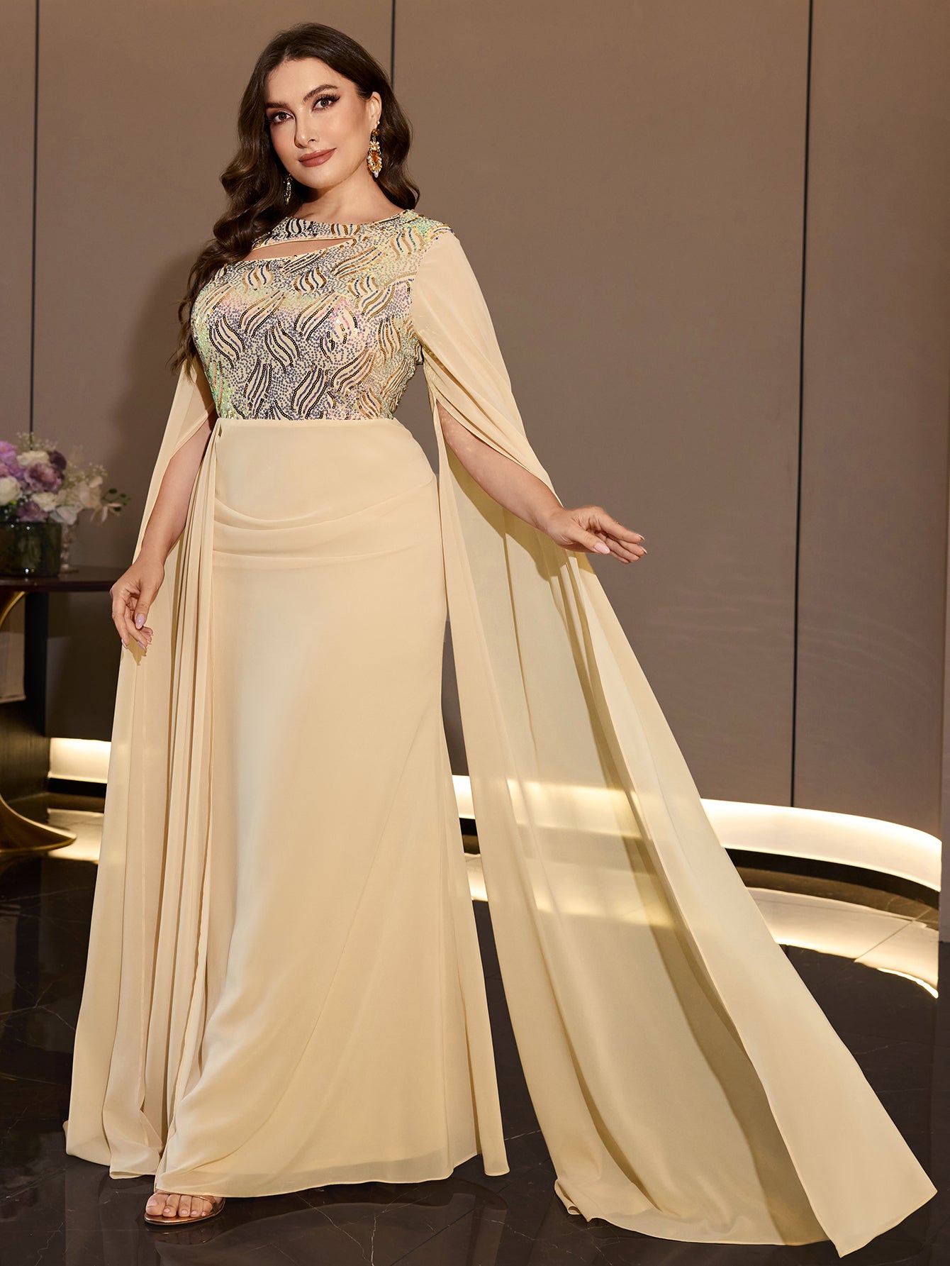 Plus Size Champagne Chiffon Cape Sleeve Evening Dress Cutout Neck Wave Sequin Bodice Draped Waist Floor Length Formal Gown