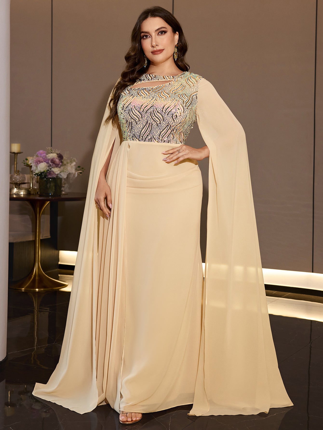 Plus Size Champagne Chiffon Cape Sleeve Evening Dress Cutout Neck Wave Sequin Bodice Draped Waist Floor Length Formal Gown