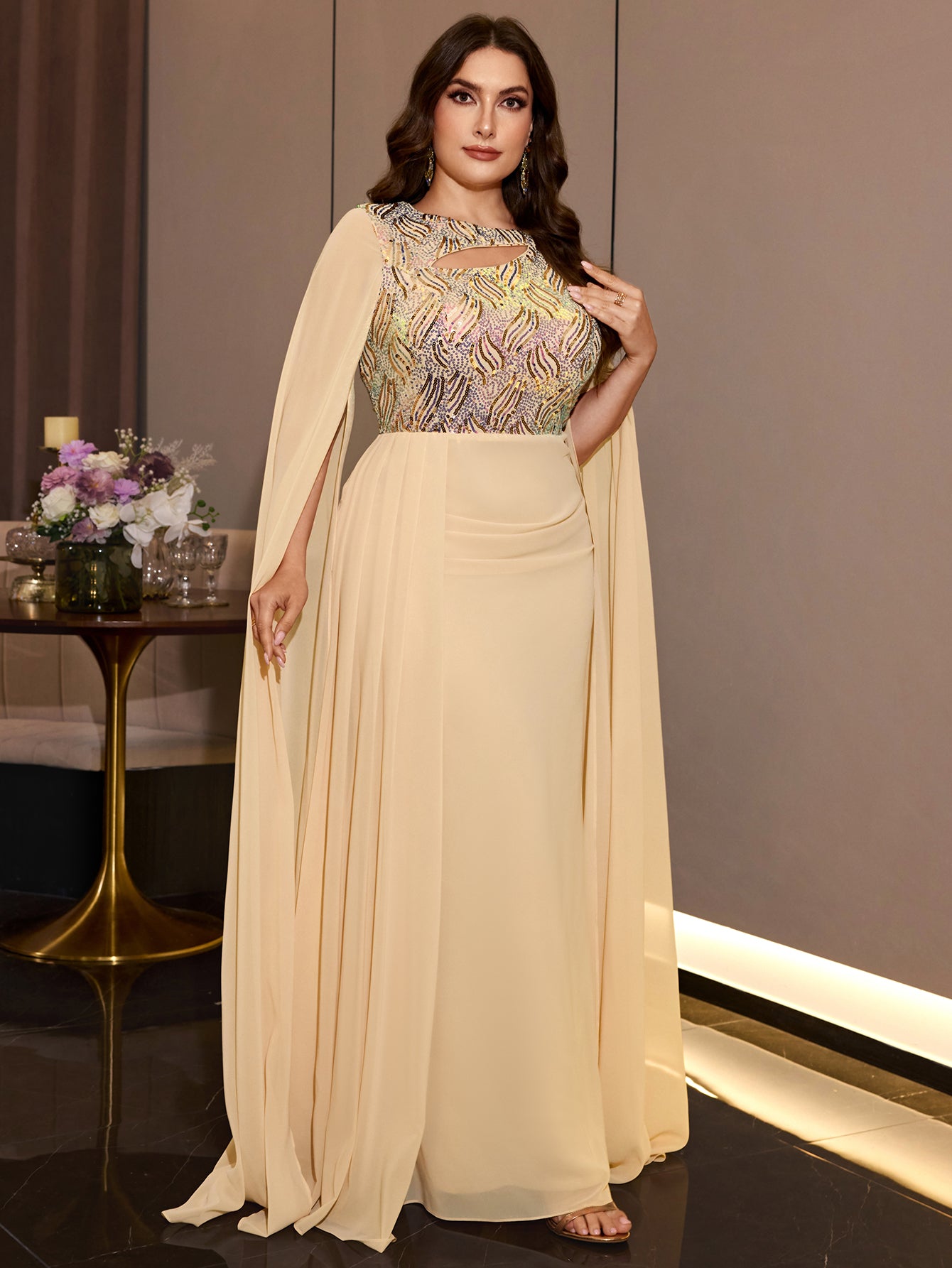 Plus Size Champagne Chiffon Cape Sleeve Evening Dress Cutout Neck Wave Sequin Bodice Draped Waist Floor Length Formal Gown