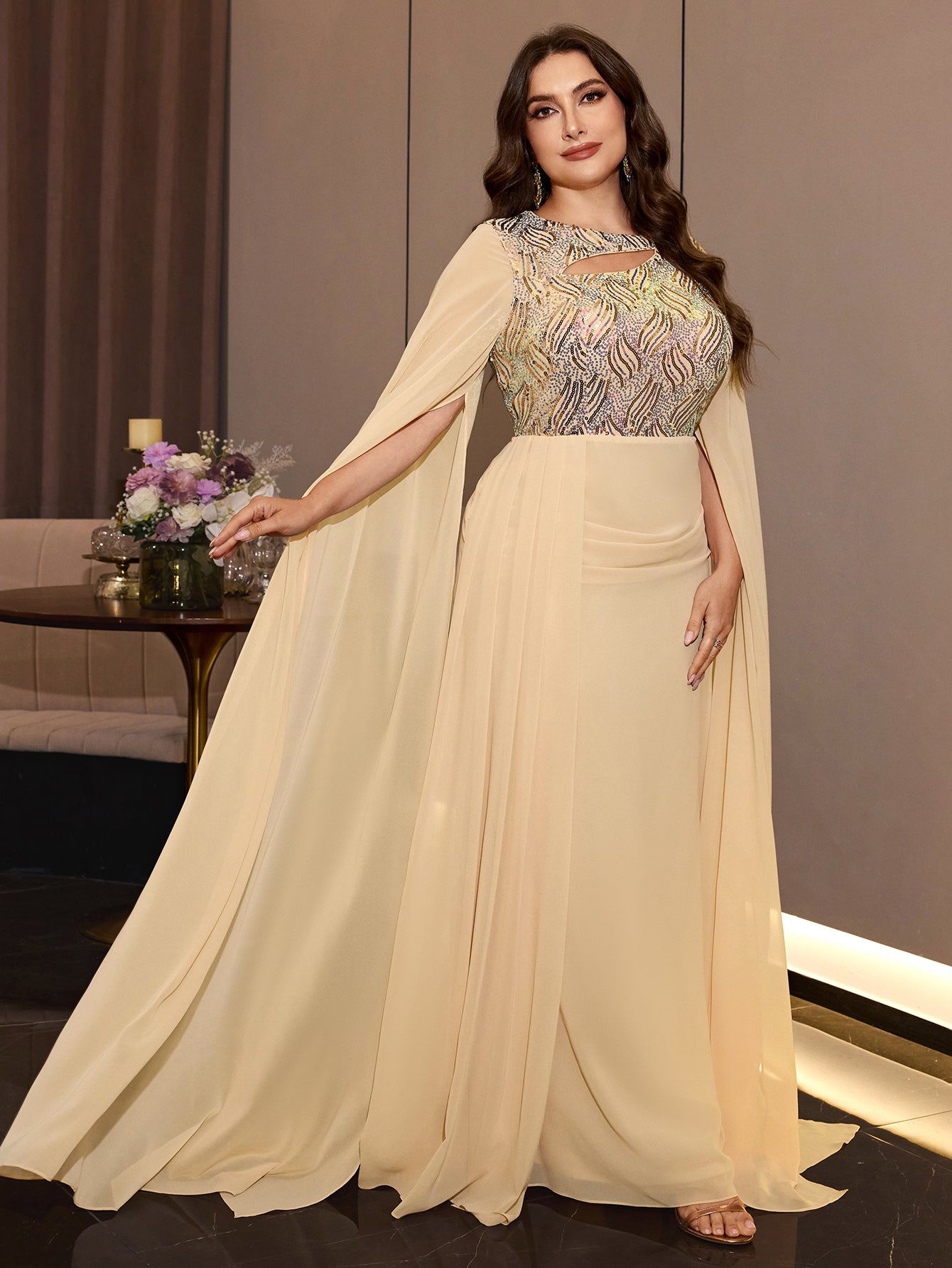 Plus Size Champagne Chiffon Cape Sleeve Evening Dress Cutout Neck Wave Sequin Bodice Draped Waist Floor Length Formal Gown