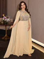 Plus Size Champagne Chiffon Cape Sleeve Evening Dress Cutout Neck Wave Sequin Bodice Draped Waist Floor Length Formal Gown